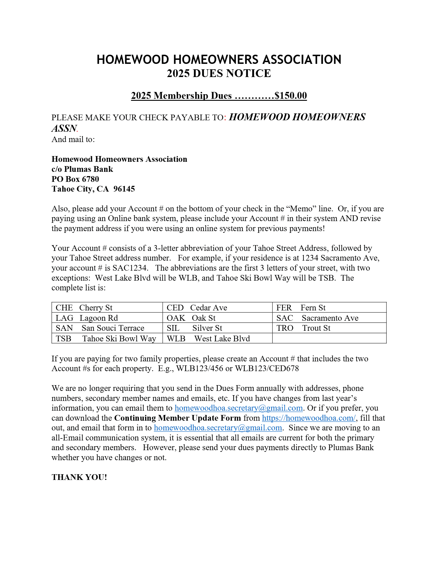 HOA dues notice with address details