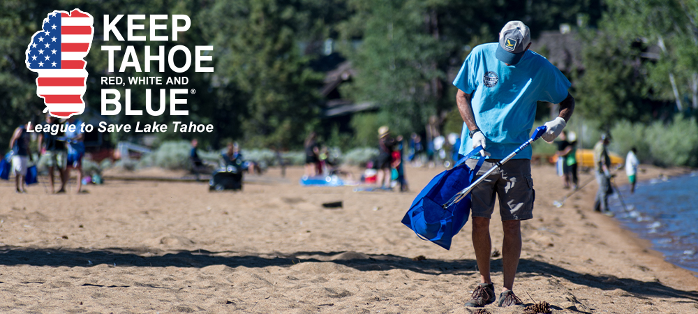 Volunteer picking up trash on Lake Tahoe beach
